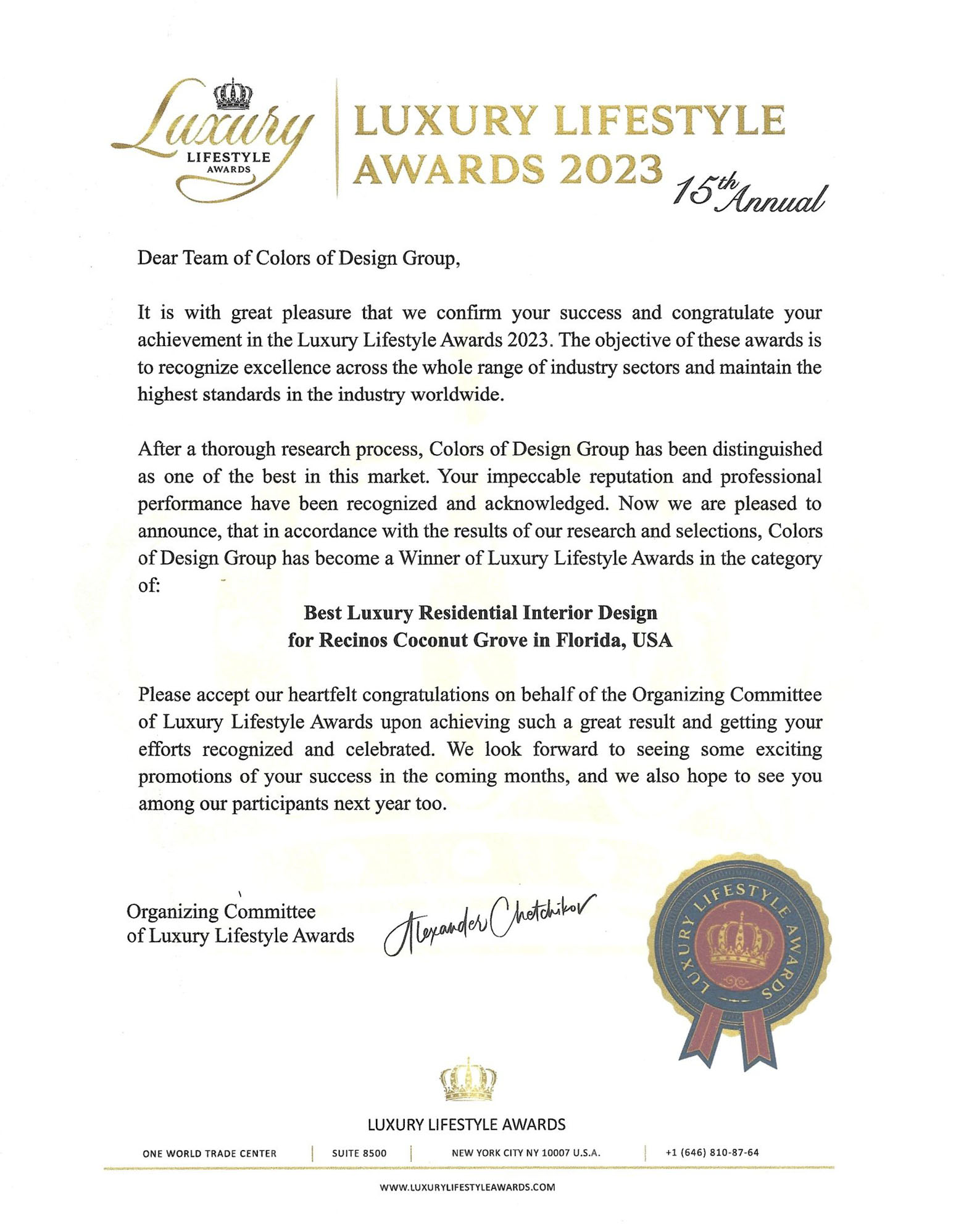 Reconocimiento Luxury Lifestyle Awards 2023 para Colors of Design Group